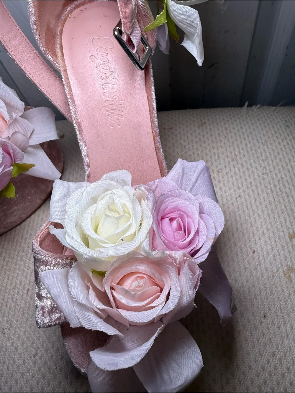 SUGAR THRILLZ Pink Velvet Floral Platform Heels with Ankle Strap